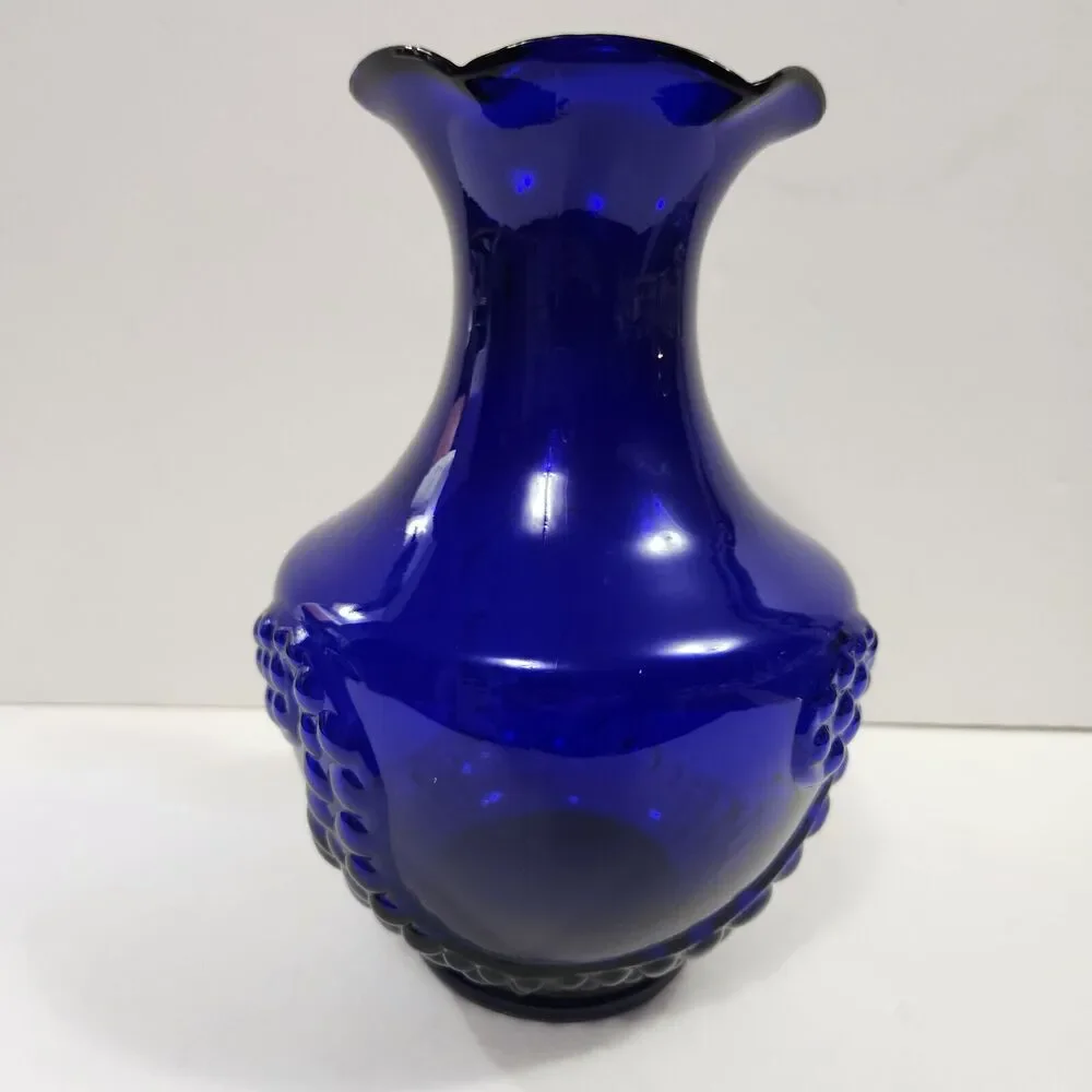 Vtg Lg Vase Deep Cobalt Blue 9” Tall Bubble Grape Design Ruffled Top Hour Glass